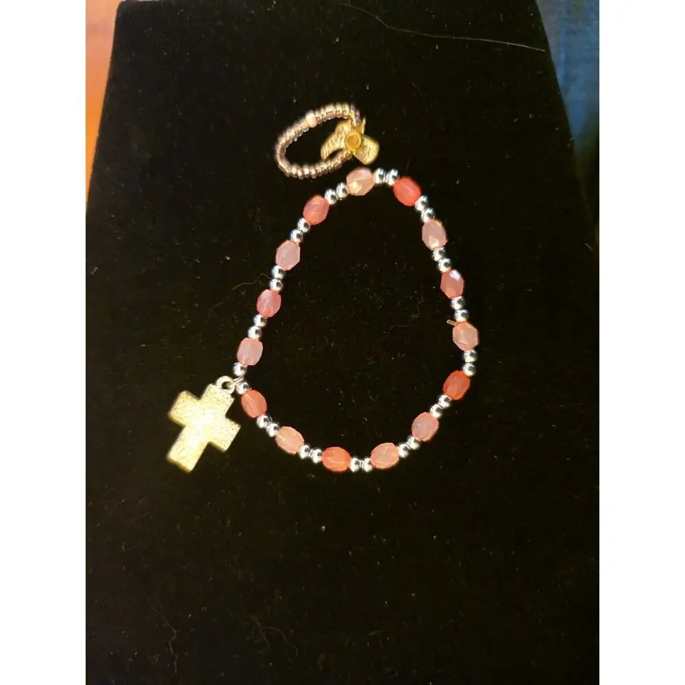 Children's Beaded Bracelet and Ring Set with Cross Charm C